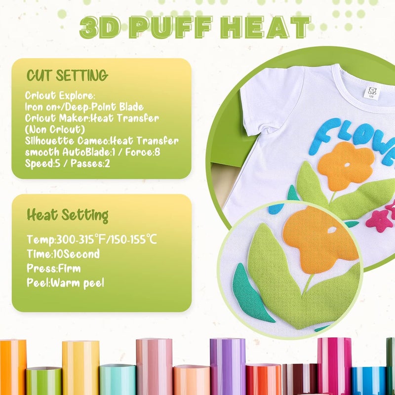 Tintnut Puff Vinyl Heat Transfer - 10inches x 6ft 3D Pale Olive Green Puff HTV Roll Heat Transfer Vinyl Foaming Colorful Puffy Iron on Vinyl for T-Shirts DIY Compatible with Cricut or Silhoutte Cameo - Image 5